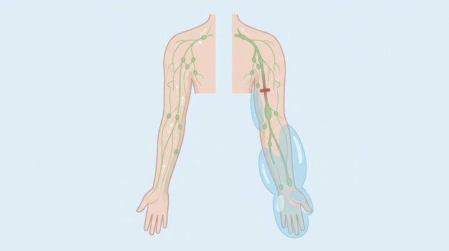 Medical illustration showing lymphatic drainage and lymphedema in the human arm anatomy