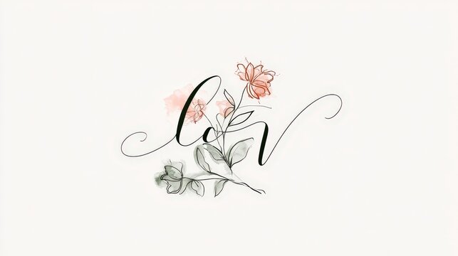 Elegant calligraphy letter monogram adorned with watercolor botanical flower sketch. Romantic floral design concept for wedding invitations and branding.