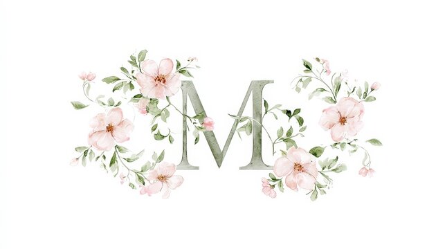 Watercolor letter M adorned with pink flowers and green leaves isolated on white background. Perfect design element for wedding invitations and monogram branding.