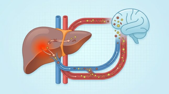 Medical illustration showing liver and brain connection in human circulatory system diagram