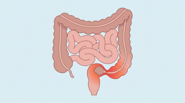 Medical illustration of the human large intestine showing inflammation and a localized obstruction