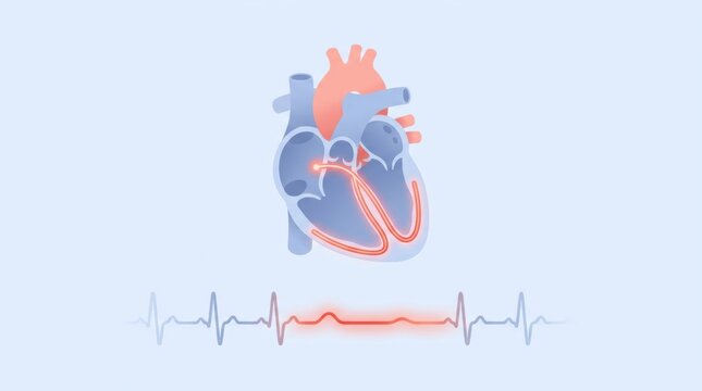 Anatomical illustration of a human heart showing electrical conduction and cardiac arrhythmia