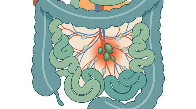 Medical illustration of human digestive system anatomy with highlighted mesenteric lymph nodes
