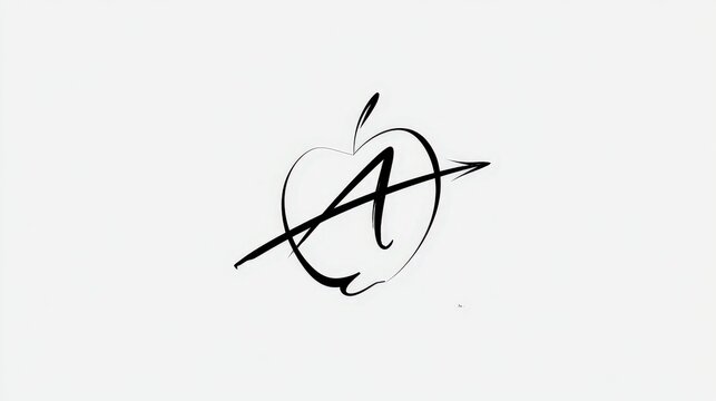 Black ink calligraphy of an apple with the letter A and an arrow, isolated on white background. Perfect for minimalist logo or brand identity.