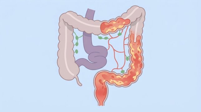 Medical illustration of human colon inflammation showing signs of ulcerative colitis disease