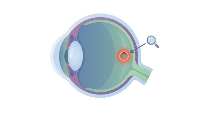 Anatomical illustration of the human eye showing a highlighted area on the retina for diagnosis