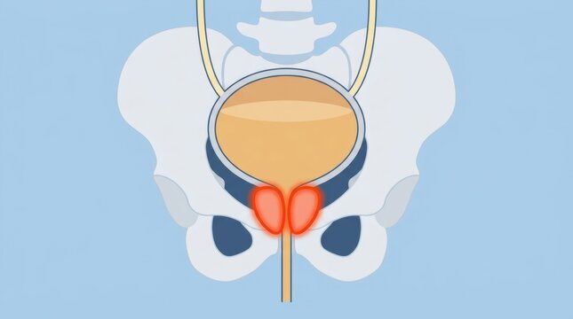 Medical illustration of the human prostate gland showing inflammation and urinary system anatomy