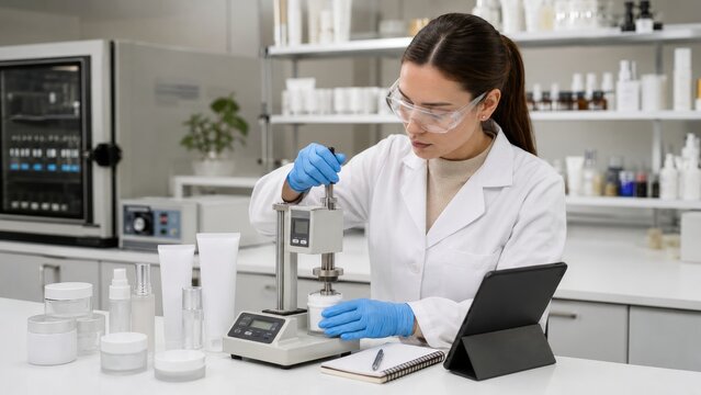 Chemical testing in a laboratory by a technician using a measurement device to analyze product consistency in the cosmetics industry during working hours