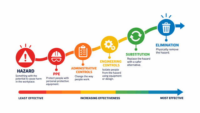 Workplace hazard reduction process timeline infographic template showing five ascending steps of safety controls from ppe to elimination