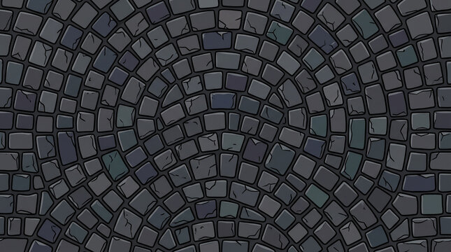 Vector seamless pattern illustration of dark grey fan shaped cobblestone pavement street texture background
