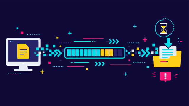 Digital data migration and file transfer process concept with computer and neon loading bar