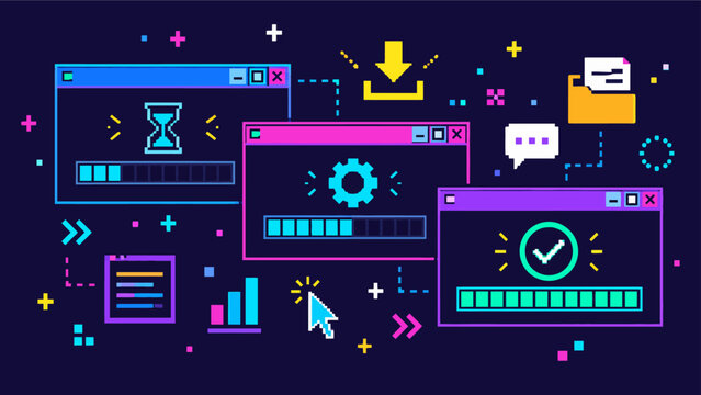 Software update and installation process concept featuring overlapping multitasking windows and progress bars