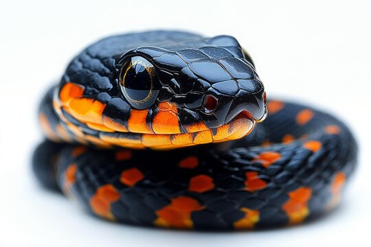 Snake curled shiny black scales bright orange markings isolated macro wildlife photography exotic reptile