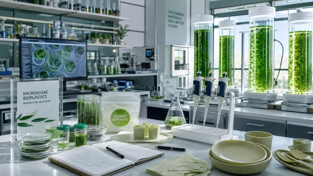 Research on microalgae bioplastics takes place in a modern laboratory with various equipment and plants