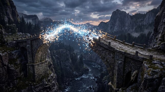 Ancient stone bridge disintegrates into glowing particles amidst a dramatic mountainous landscape stonebridge archedbridge masonry architecture