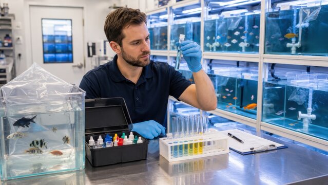 Scientist conducts water testing in aquarium laboratory with various fish and samples in clear containers