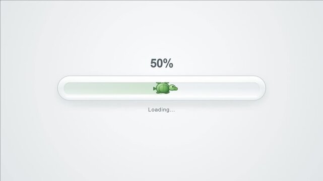 Turtle Progress Bar Animation from 0 to 99 Percent on White Background, Slow Loading Indicator, Progress Bar, Waiting Time, Download Process and Digital UI