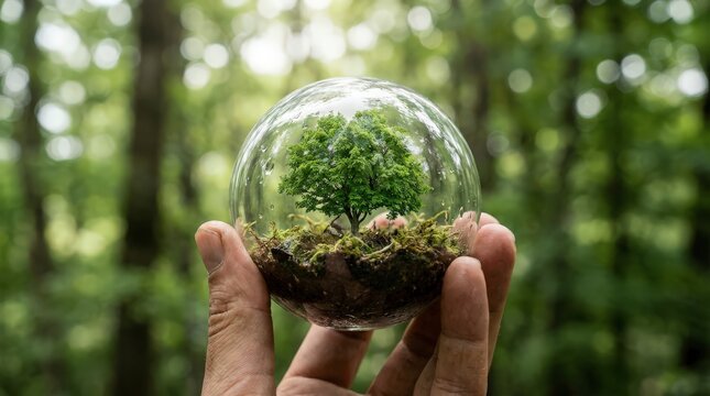 Glass sphere enclosing a miniature tree held carefully in hands representing ecological conservation and delicate natural balance.