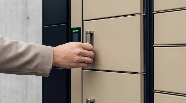 out home parcel locker collection Hand inserting keycard into a security access panel on a beige door.