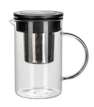 Glass tea infuser with a metal filter and lid on a white background