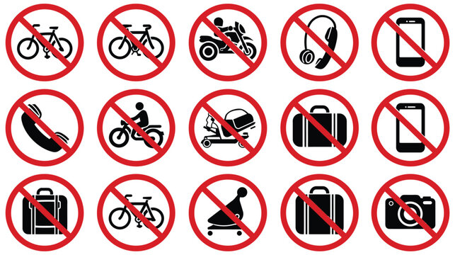 Prohibition signs grid of various restricted activity pictograms