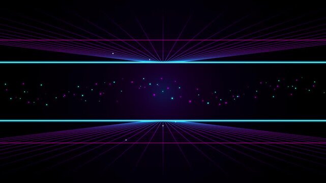 Retro 80s synthwave background with glowing purple grid lines and neon blue horizontal bars featuring floating particles in a dark digital space