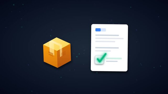 A 10-second seamless loop motion graphic featuring a modern 3D-style cardboard delivery box and a verified digital document with an animated green checkmark. Designed with a premium sleek aesthetic, d