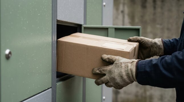 out home parcel locker collection Person wearing gloves placing a cardboard package into a green parcel locker.