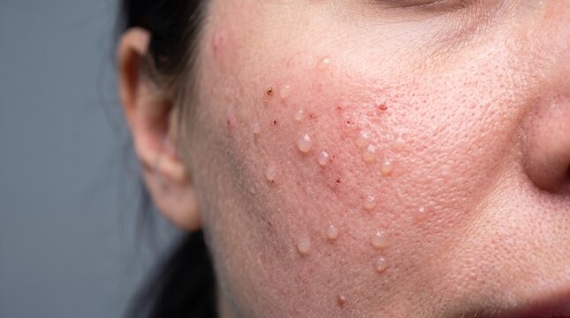Close up of female cheek showing papules and micro bumps after mesotherapy microneedling treatment