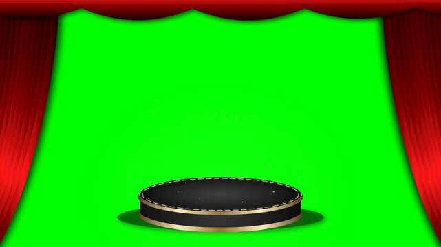 Elegant 10-second seamless looping motion graphic of luxurious red velvet theater curtains pulling open to reveal a highly detailed 3D circular product launch podium against a pure chroma key green sc