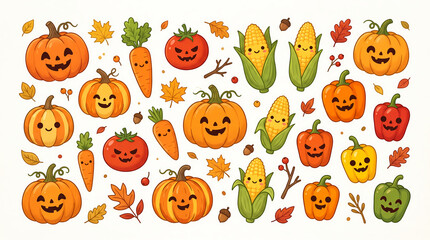 Fototapeta premium Seamless Halloween Vegetable Clipart Set with Cute Spooky Pumpkins, Carrots, Tomatoes, and Peppers