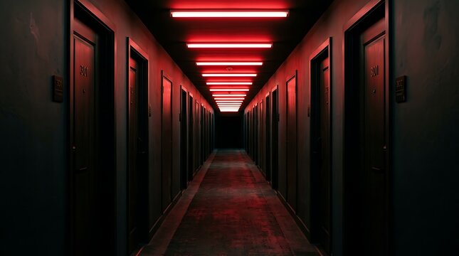 Dark hotel corridor with red neon lights and numbered doors, cinematic perspective