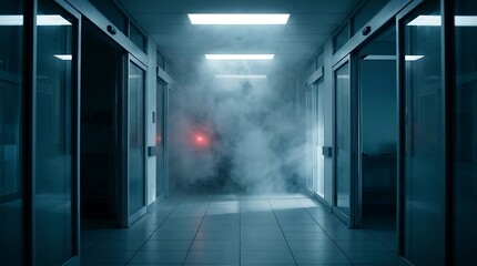 Fototapeta premium Eerie hospital corridor with smoke and red light, mysterious atmosphere, cinematic lighting