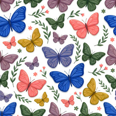 Fototapeta premium Colorful butterfly pattern with floral elements on white background for spring seasonal design