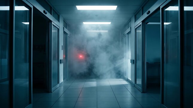 Eerie hospital corridor with smoke and red light, mysterious atmosphere, cinematic lighting