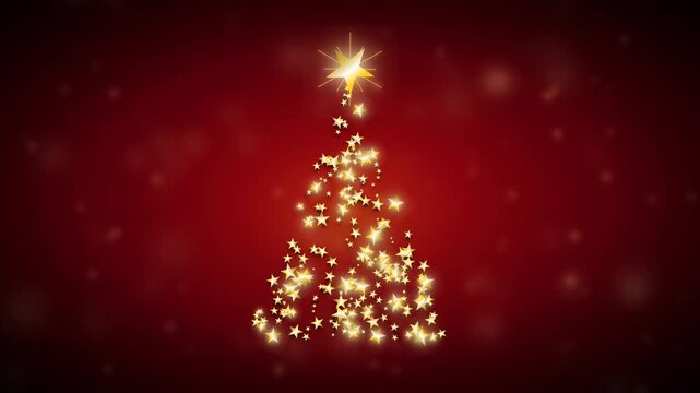 A 10-second seamless loop motion graphic featuring a magical Christmas tree formed by rotating, twinkling gold star ornaments. Set against a festive, rich red background with glowing, floating bokeh l