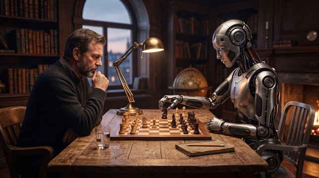 A man contemplates his next move against a metallic humanoid robot during a chess match artificialintelligence