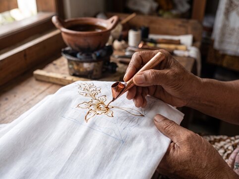 Macro of hands drawing hot wax with a canting tool on white cloth, traditional Indonesian batik tulis craft
