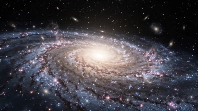 Majestic spiral galaxy with glowing cosmic center, vibrant star clusters, and nebula dust clouds across the dark infinite universe background