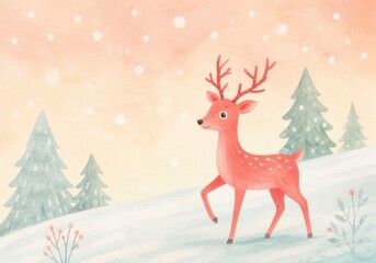 Obraz premium Cute watercolor deer in snowy winter forest landscape