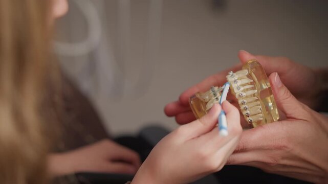 Dental professional demonstrates proper brushing technique on clear plastic model of teeth with braces showing detailed care for orthodontic appliances. scene features close up views