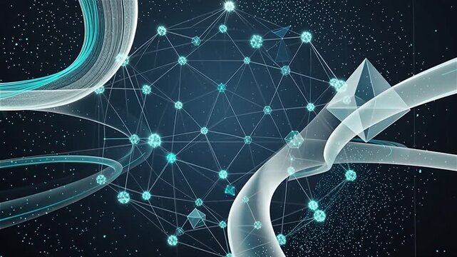 Futuristic artificial intelligence visualization featuring an interconnected digital neural network, flowing data particles and advanced computational technology.