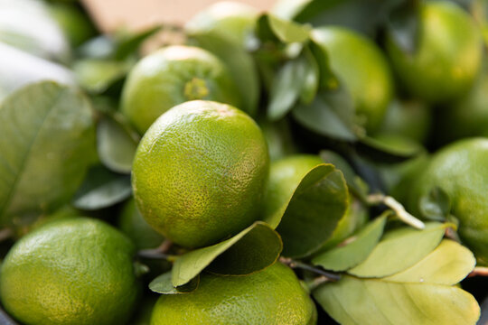 Close‑up of fresh green limes piled together