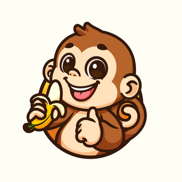 cute monkey holding a banana, character mascot logo illustration design vector