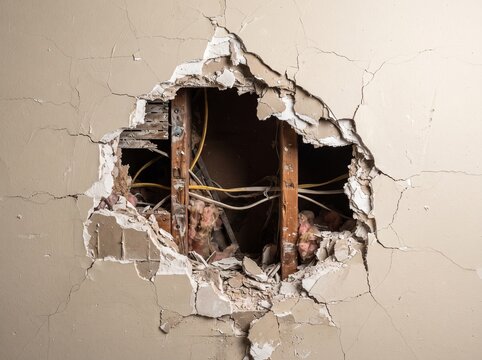Damaged wall exposing electrical wiring and pipes
