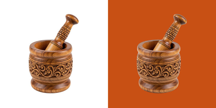 Ornate wooden mortar and pestle set on background transparent png
