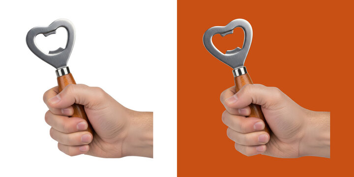 Hand holding heart shaped wooden bottle opener transparent png