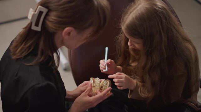 Woman explains dental care to young girl using model of teeth and interdental brush demonstrating proper brushing technique. close up view highlights interaction between adult professional