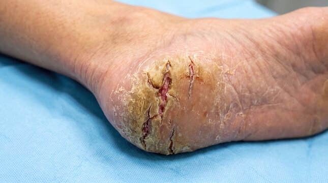 Severe painful cracked heel fissures with thick dry calluses on elderly human foot