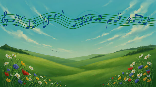 Musical notes flowing through clear sky above blooming valley